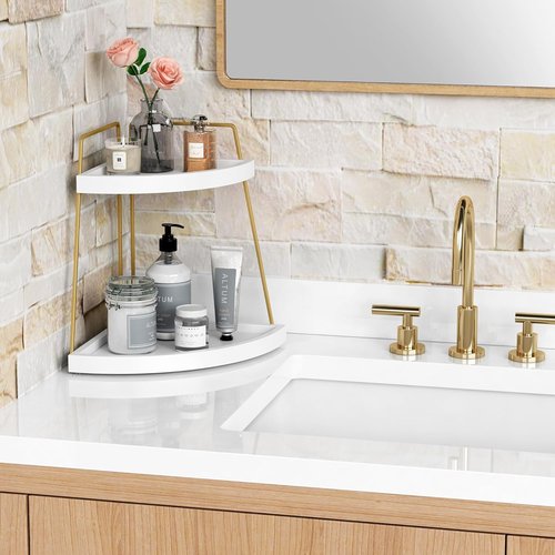 Forbena Corner Bathroom Organizer - 2-Tier Countertop Storage for Makeup & Skincare | White & Gold