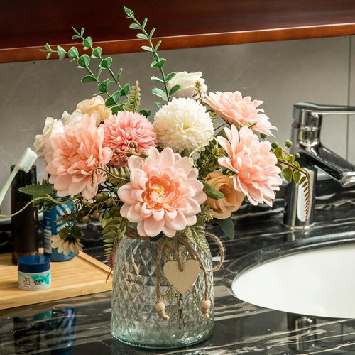 Aubcee 3 Pack Set Fake Flowers With Vase, Faux Silk Pink Dahlia Artificial Flowers for Home Decor, Coffee Table, Living Room, Bathroom Plant Decor