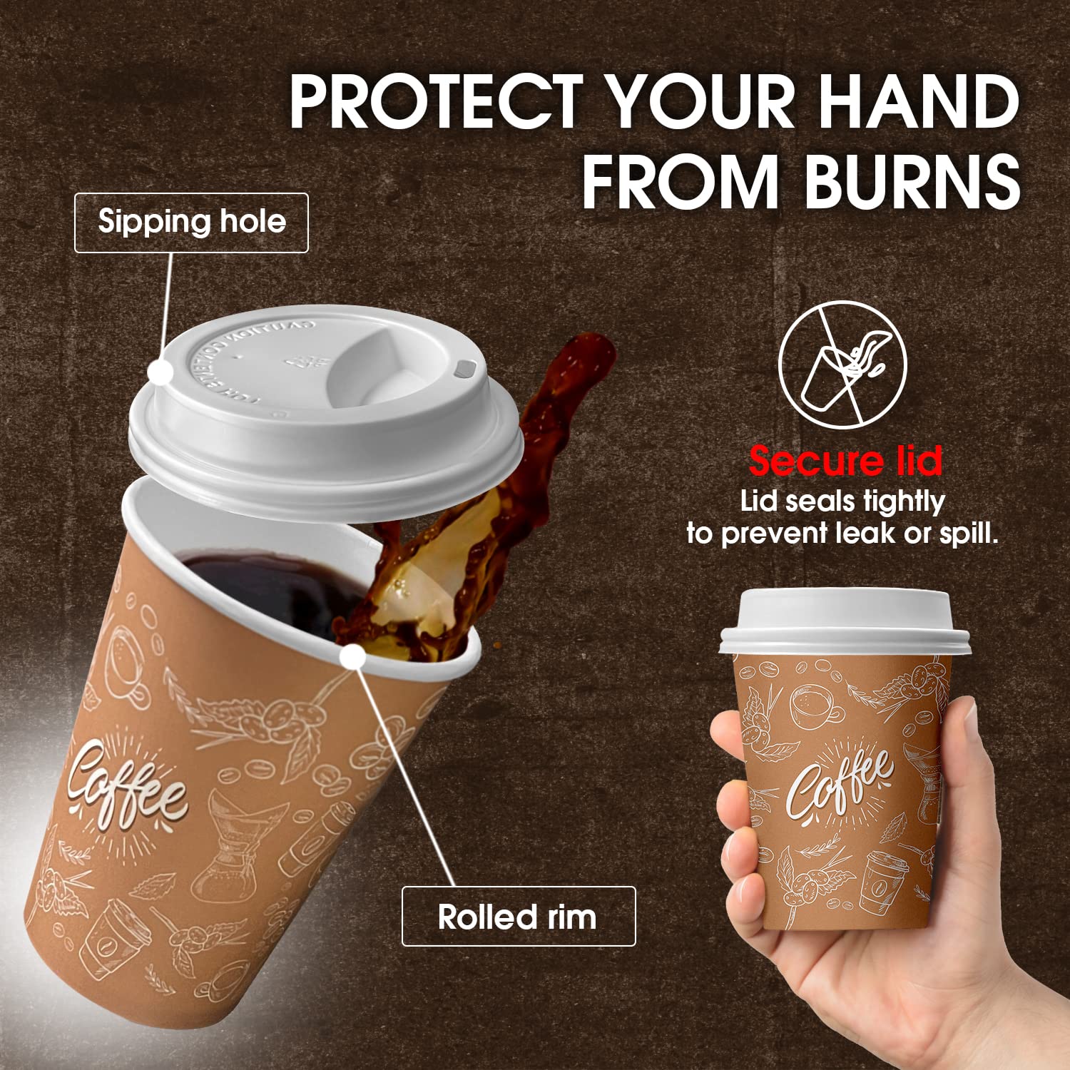 JOYEUX 100 Pack -12 oz Disposable Coffee Cups with Lids, Thickened Coffee Paper Cups -To Go Hot Cups for Party, Beverages, Tea, Hot Chocolate,Water, Juice