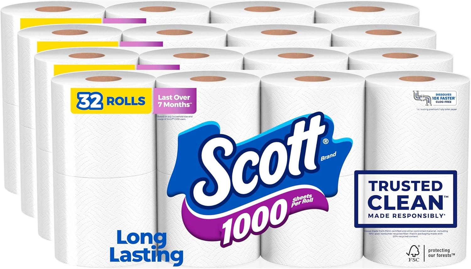 Scott 1000 Toilet Paper - Trusted Clean, Septic-Safe, 1-Ply | 32 Rolls for Ultimate Comfort