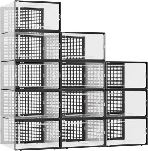 Kuject Clear Plastic Shoe Storage Boxes - Stackable 12-Pack Organizers for Sneakers & Toys | XXX-Large, Black
