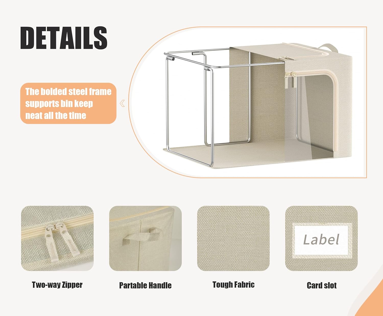 Skiennix Foldable Clothes Storage Bins - 3 Openings with Metal Frame, Lid & Clear Window | 40L, Beige