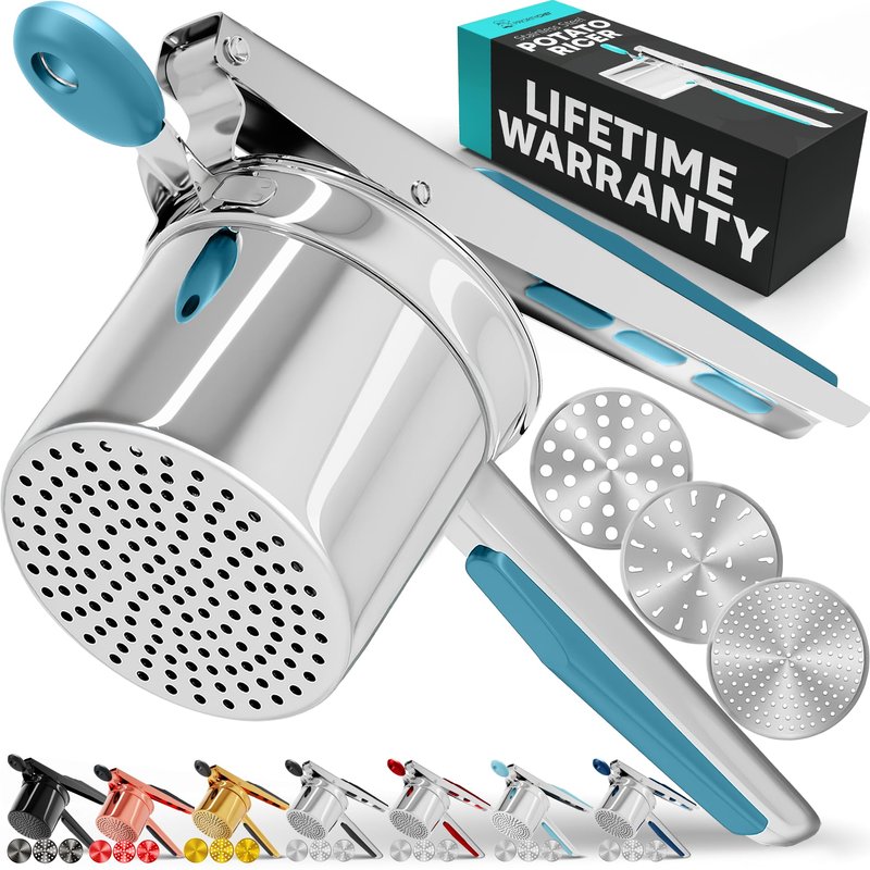 PriorityChef Large 15oz Potato Ricer With 3 Discs, Heavy Duty Stainless Steel Potato Ricer for Mashed Potatoes, Potato Masher, Press and Ricer Kitchen Tool, Turquoise