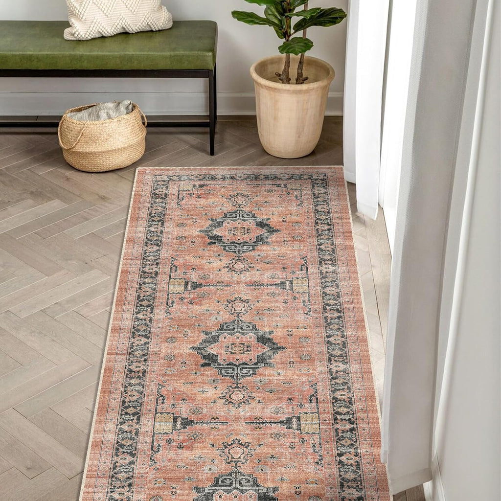 Skiennix Vintage Washable Hallway Runner Rug - Water Resistant, Ultra Soft Indoor Carpet | 2x6, Orange