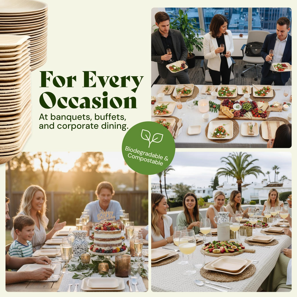 Chic Leaf Square Palm Leaf Tableware - 10" & 7", Pack of 24 - Durable Bamboo Disposable Dinnerware - Eco-Friendly Compostable Plates - Versatile Party & Elegant Dinner Table Essentials
