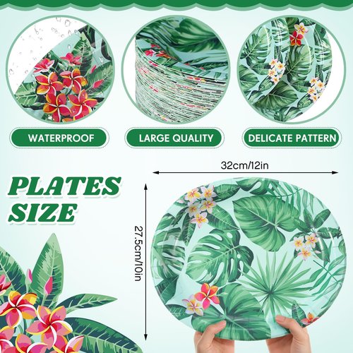Pickmesh 50 Pcs Hawaiian Luau Oval Paper Plates 10" x 12" Hawaiian Tropical Disposable Plates Green Leaves Dinner Serving Cinco De Mayo Decorations for Aloha Summer Birthday Beach Party Supplies