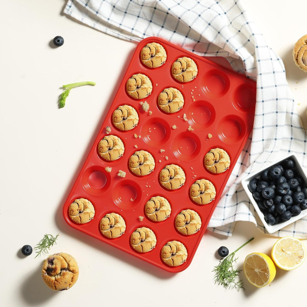 Socisen Silicone Mini Muffin Pan - 24 Cups with Metal Reinforced Frame | Ideal for Baking Cupcakes & Cheesecakes