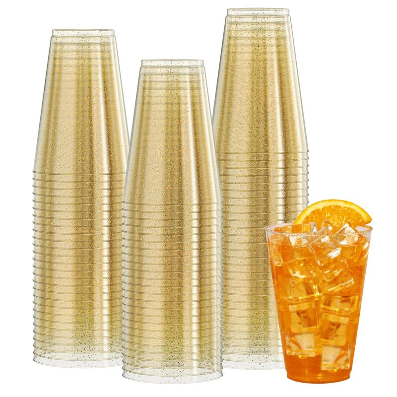 Vplus 100 Count 14 OZ Gold Glitter Heavy Duty Large Plastic Cups, Disposable Plastic Glasses Tumblers, Elegant Wedding Birthday Christmas Party Cups