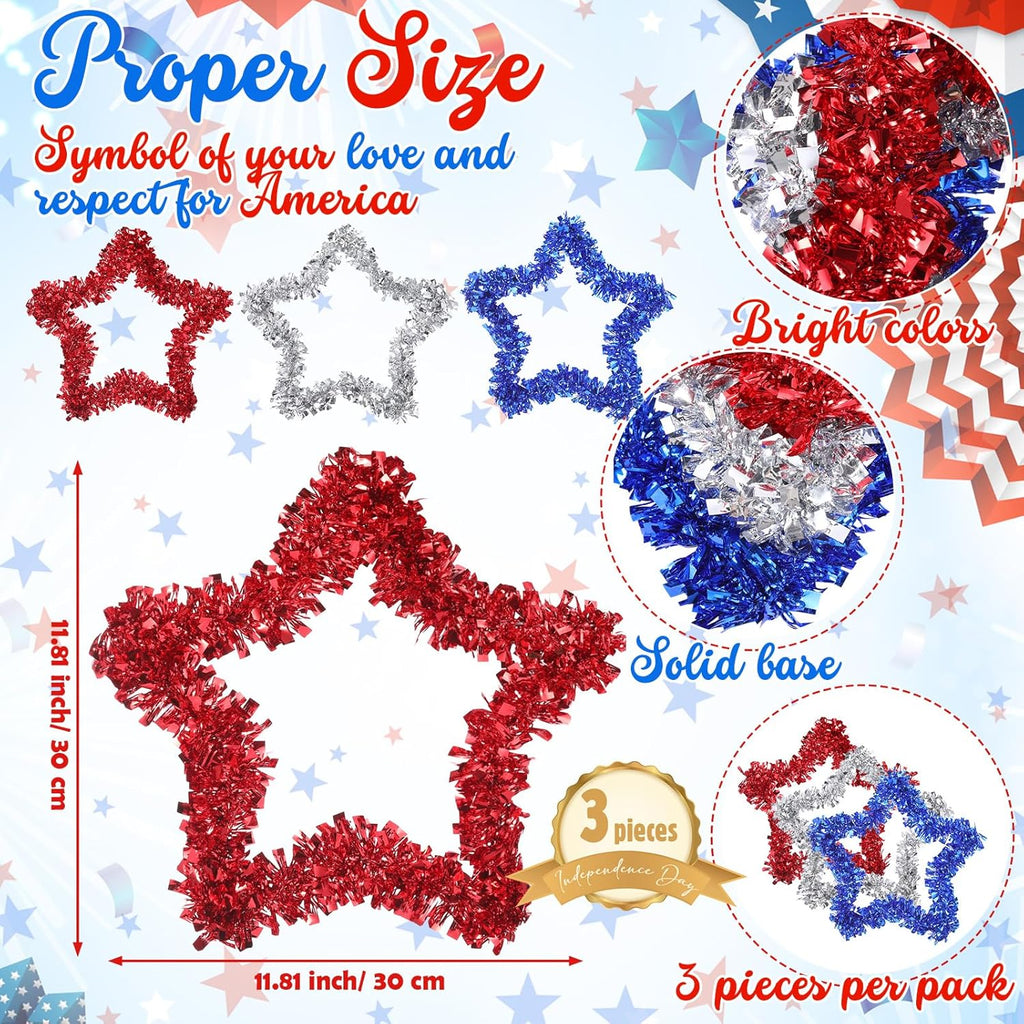 Patriotic Tinsel Wreath by 3 Pcs | 4th of July Red, White, and Blue Garland for Home Decor