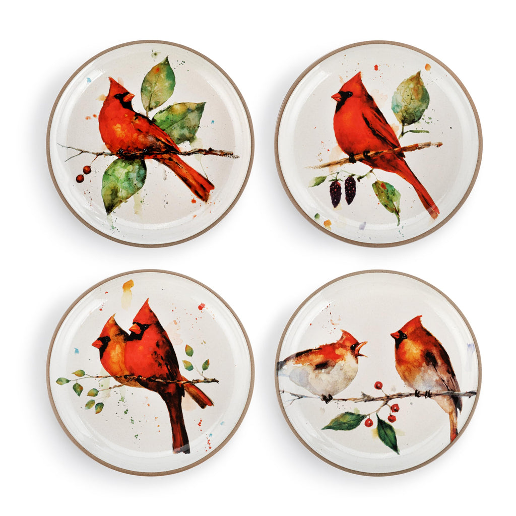 DEMDACO Dean Crouser Collection Red Watercolor Cardinal 6.5 inch Stoneware Appetizer Plates Set of 4