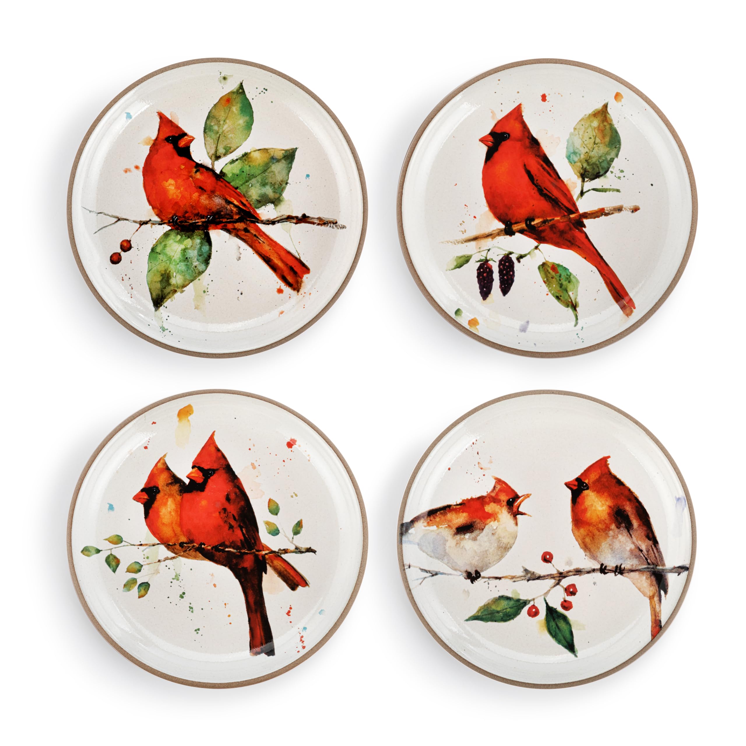 DEMDACO Dean Crouser Collection Red Watercolor Cardinal 6.5 inch Stoneware Appetizer Plates Set of 4