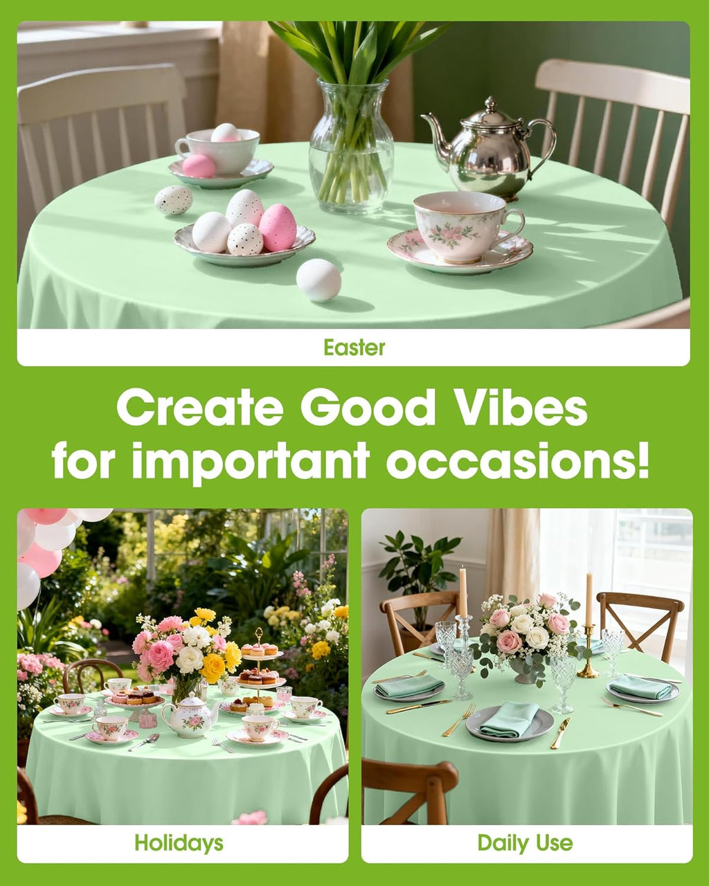 Pureegg Disposable Plastic Table Cloths - 84'' Round, Leakproof & Sturdy, Sage Green | 10 Pack for Easter Parties