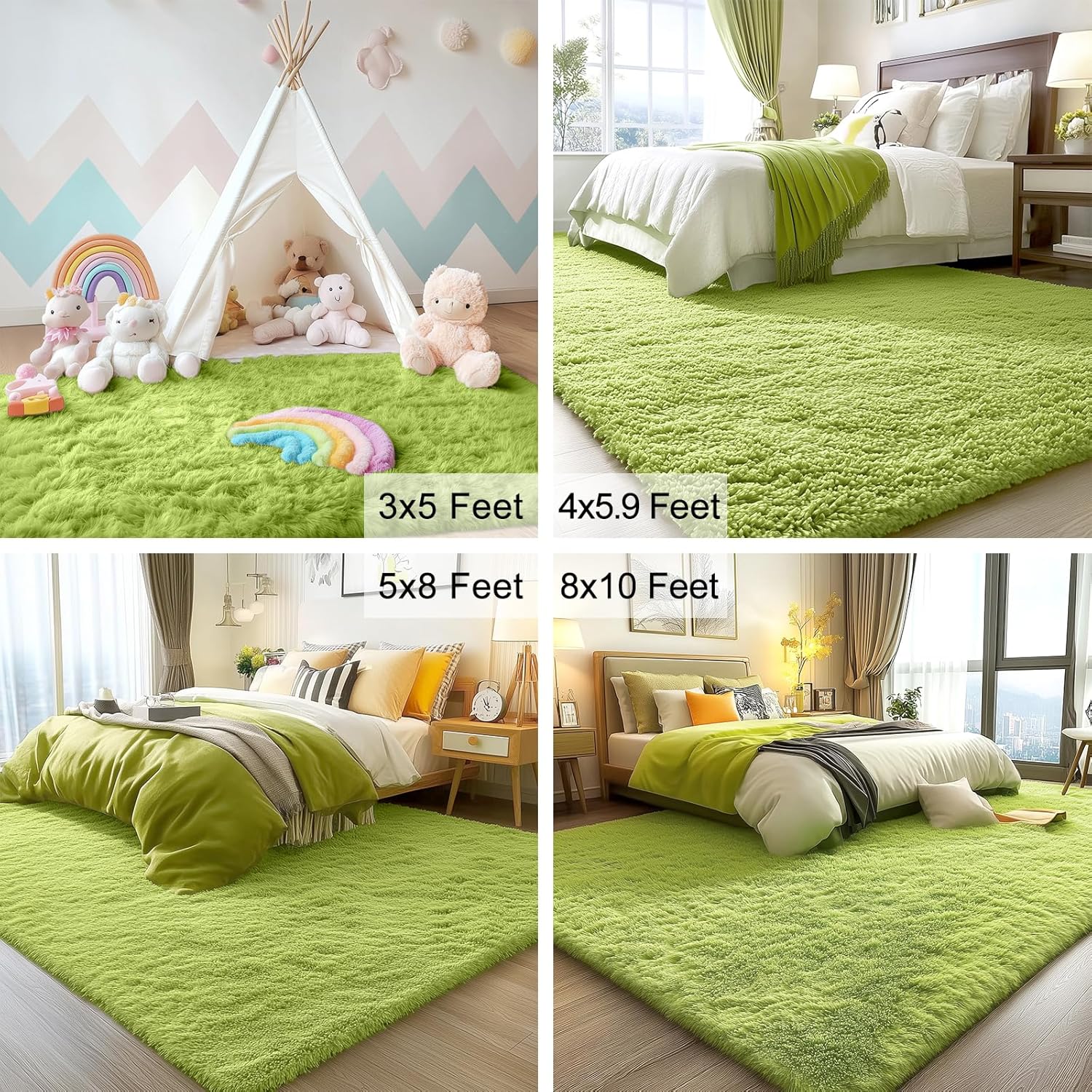 OLANLY Soft Fluffy Shaggy Bedside Rug - Machine Washable 2x3 Size in Grass Green | Perfect for Kids' Rooms & Home Decor