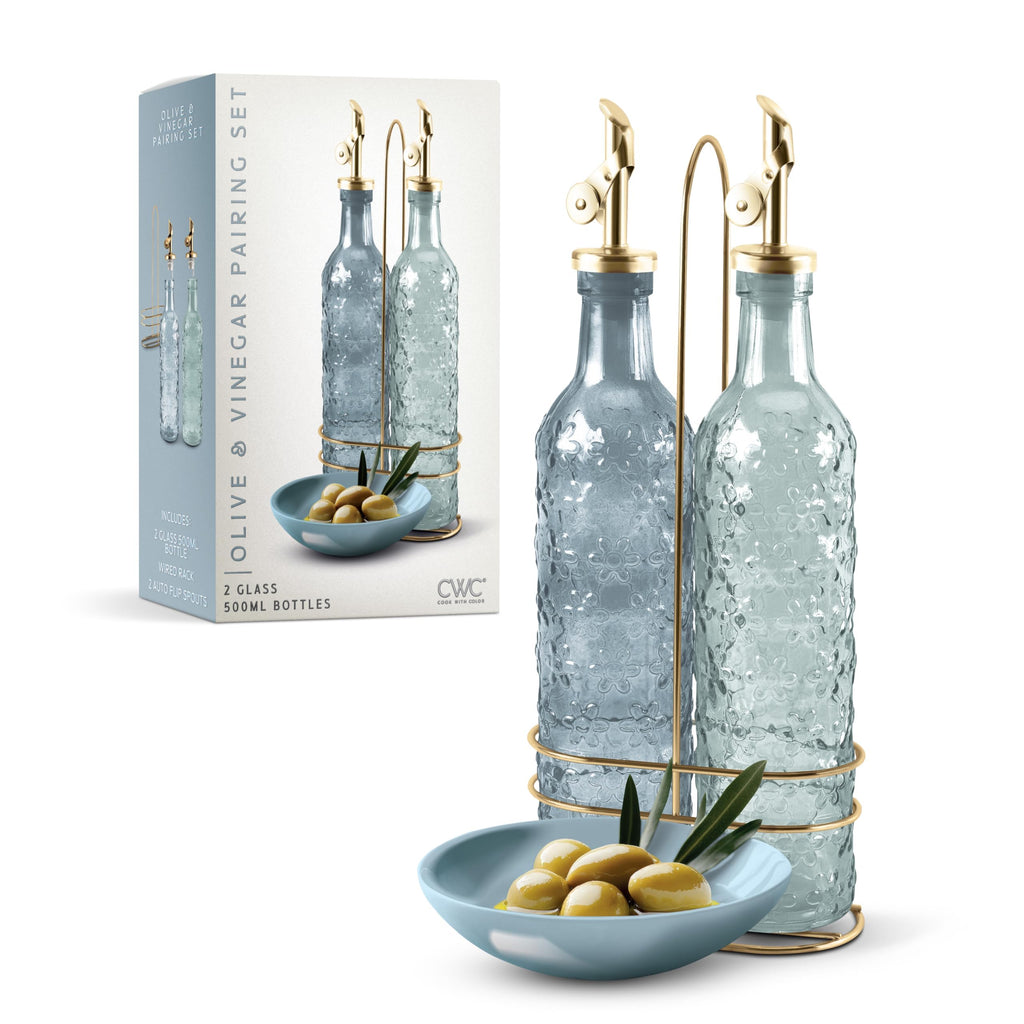 COOK WITH COLOR Glass Olive Oil Bottle Dispenser - 2 Pack- 17oz Oil and Vinegar Cruet - Olive Oil Carafe Decanter for Kitchen