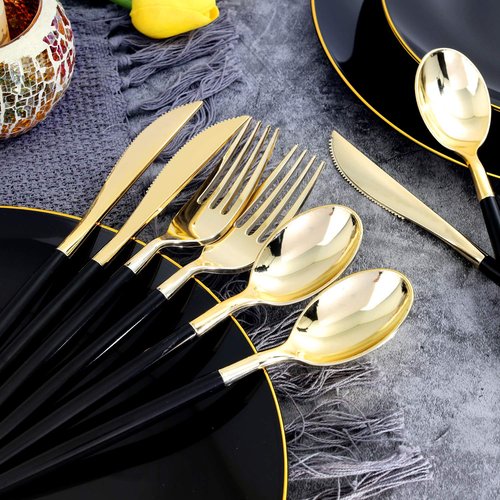 Nervure 150PCS Black Plastic Plates - Black and Gold Disposable Plates - Premium Heavyweight Gold Plastic Dinnerware with Black Silverware Ideal for Wedding & Halloween & New Year