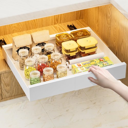 Expandable Slide Out Drawer for Cabinets (12.7"-19.7"), Adhesive Carbon Steel Pull Out Drawers for Kitchen Cabinet, Pantry Shelves and Bathroom Vanity - 16.9'' Depth x 3.1'' Height.
