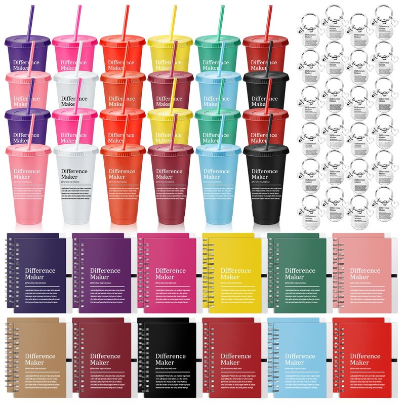 Teenyyou 72 Pcs 72 Pcs Difference Maker Employee Appreciation Gifts 24 oz Tumblers with Spiral Notebooks and Keychains Thank You Gifts Bulk for Teacher Nurse Coworker Leader (Bright Colors)