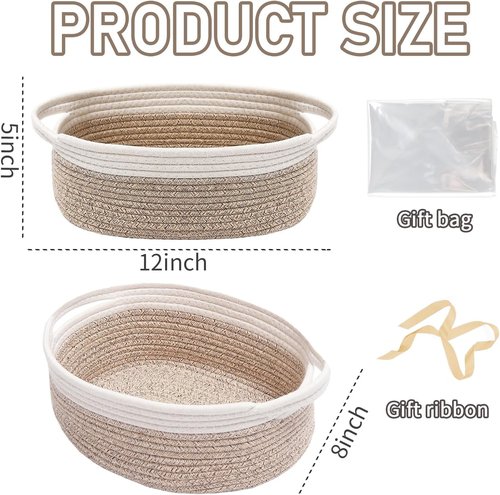 JMvicyroam Woven Storage Basket - Small Rope Organizer with Handles for Shelves & Closets | White & Oatmeal