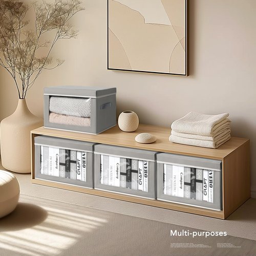 Homsorout Storage Box with Lids - 7 Pack Fabric Clear Window Storage Bins, Decorative Bins with Handles, Large Foldable Organizer for Clothes, Towel, Blanket, Sheet, Grey
