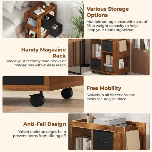 Yaheetech Book Shelf with Storage, Wooden Rolling Bookcase with Wheels, 2 Foldable Fabric Drawers, Magazine Racks and Open Shelves, 13″ × 24″ × 26″, for Living Room, Home Office, Rustic Brown