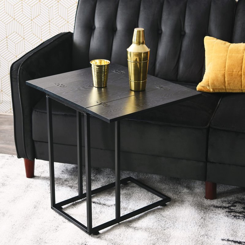 Household Essentials Jamestown Extendable C-Shaped for Accessiblity Side End Table Black Oak Wood Grain and Black Metal