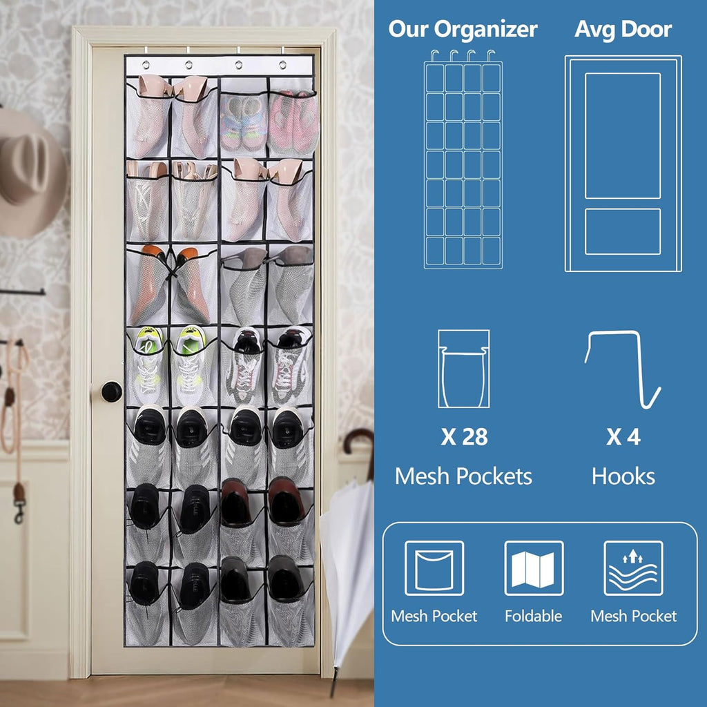 Over The Door Shoe Organizer - 28 Mesh Pockets for Space-Saving Storage | White Hanging Rack