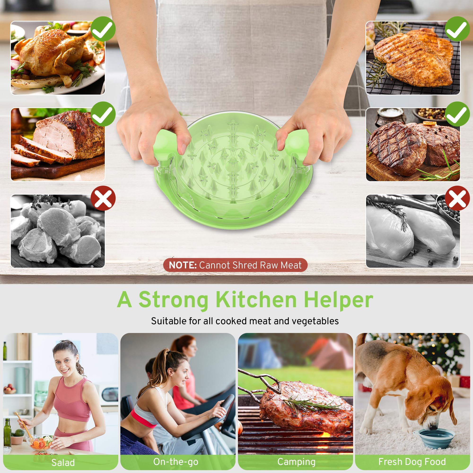 Upgrade Chicken Shredder, 10''Chicken Shredder Tool Twist with Transparent Lid, Ergonomic Handle and Anti-Slip Base, Dishwasher Safe, Cleaning Brush, Heat Resistant (Green)