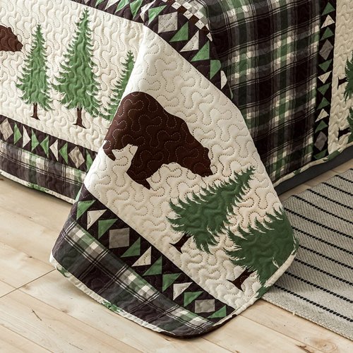 Lodge Quilts Set King Size, 3Pcs Rustic Cabin Brown Bear Bedding Green Pine Tree Bedspread Coverlet Lightweight Soft Reversible Plaid Stripe Bed Cover Set Country Decor for All Season(96"x 108")