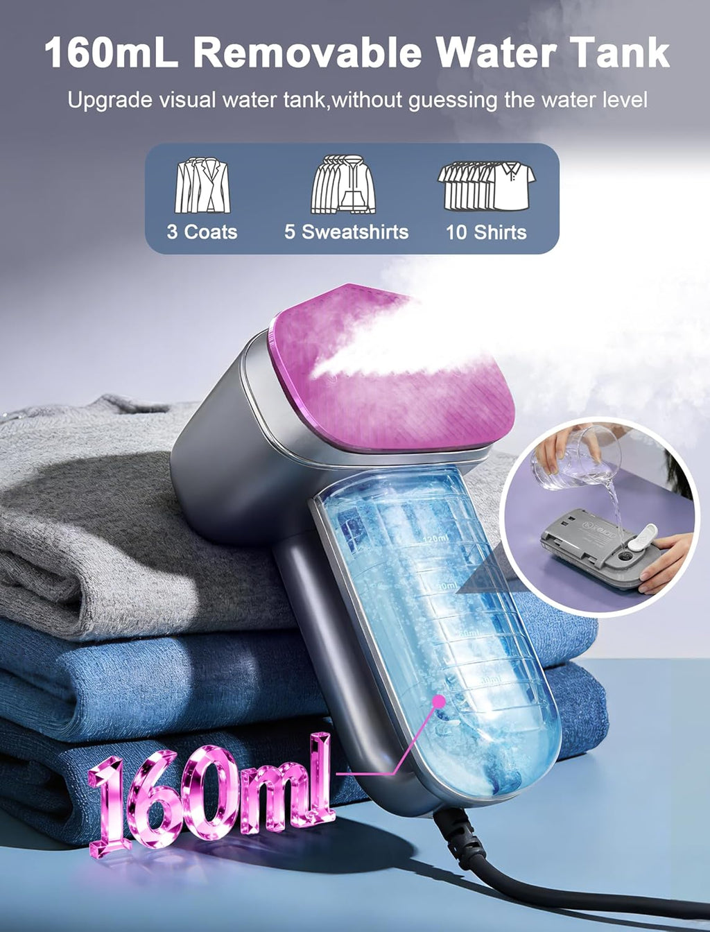 Skiennix Travel Steamer for Clothes - 2-in-1 Handheld Iron with 160ml Water Tank | 6 Steam Modes for Home & Office