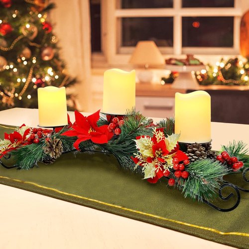FORUP 26 Inch Christmas Centerpiece - Elegant Tabletop Candle Holders with 3 Flameless Candles | Holiday Decor
