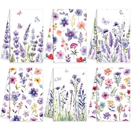 Oudain 6 Pcs Spring Purple Kitchen Dish Towels Lavender Flower Hand Tea Towels Floral Butterfly Decoration Gift for Spring Holiday Bathroom Accessories