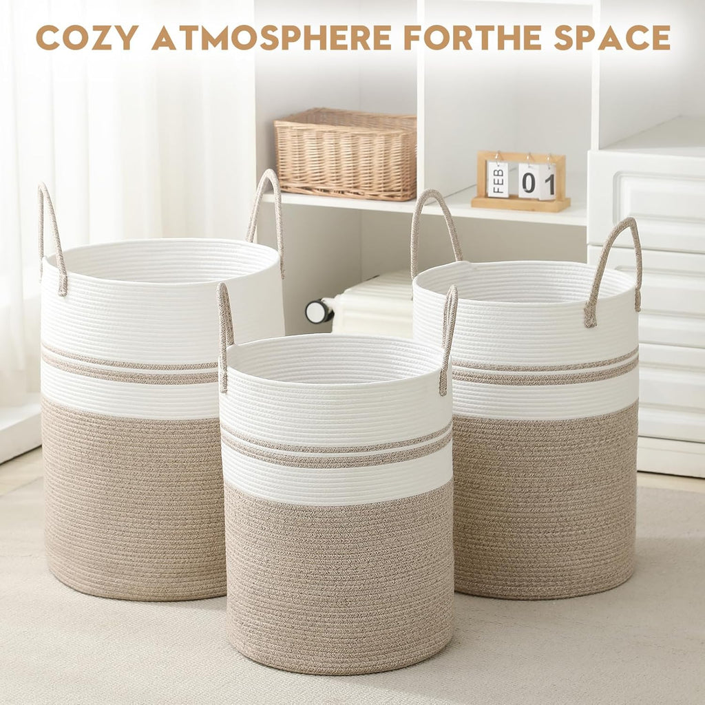 Skiennix Laundry Basket Hamper - Tall Woven Rope Storage for Blankets & Toys | 60L, Brown & White