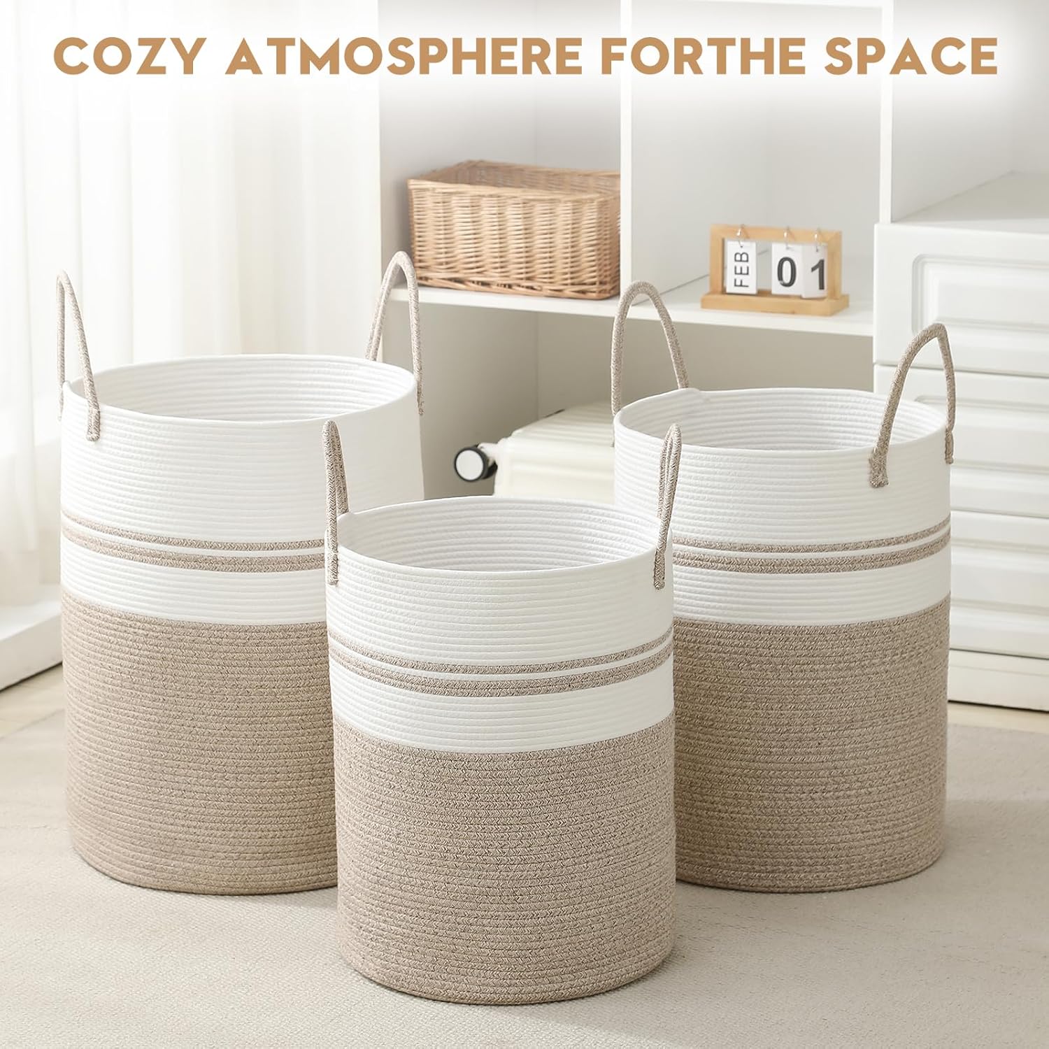 Skiennix Laundry Basket Hamper - Tall Woven Rope Storage for Blankets & Toys | 60L, Brown & White