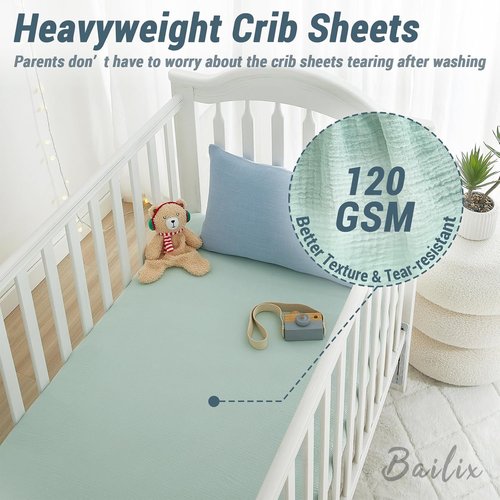 Bailix Heavyweight Muslin Baby Crib Sheets - 2-Pack Neutral Fitted 100% Organic Cotton | Breathable Softness (Blue & Light Green)
