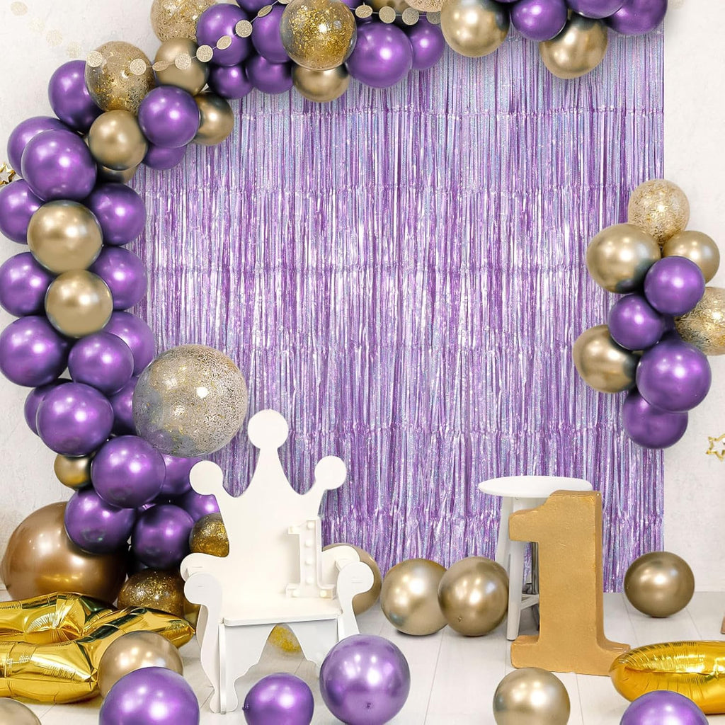 Skiennix Fringe Curtains - 2 Pack Foil Backdrops for Birthday, Wedding, and Graduation Decor - Light Purple