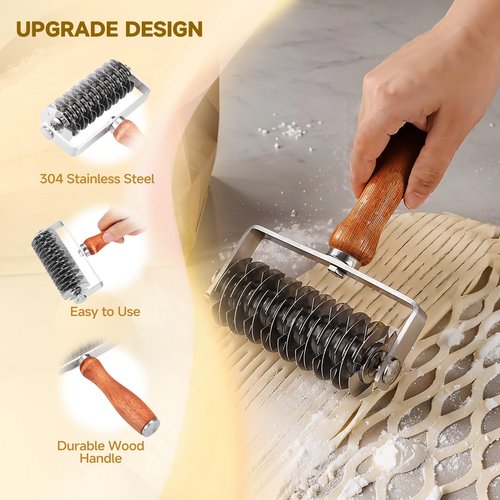 WarmHut Pastry Lattice Roller Cutter, Stainless Steel Dough Cutter Wheel with Wood Handle, Time-Saver Baking Tools for Beef Wellington Pie Crust Pizza Bread, JKUS20408