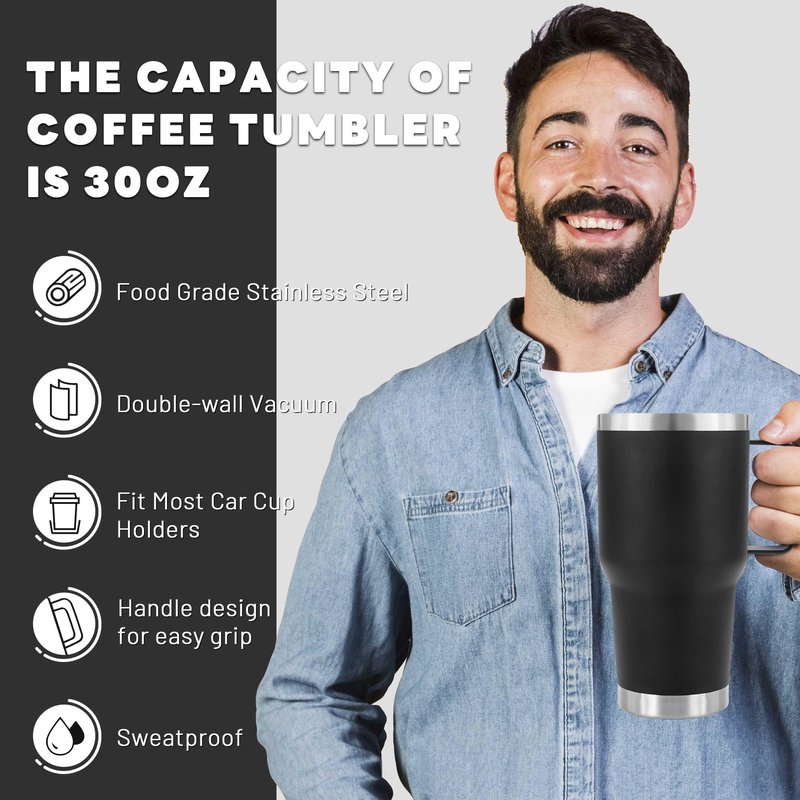 DYNAMIC SE 30 oz Tumbler With Handle, Double Wall Stainless Steel Vacuum Insulated Travel Mug with Splash-Proof Lid Metal Straw and Brush (Black)