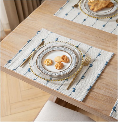 Boho Placemats Set of 6 for Dining Table Decor, Woven Cloth Place Mats for Farmhouse Rustic Kitche Home Decor, Cotton Placemats 13 x 19 Inch, Blue and Beige Table mats