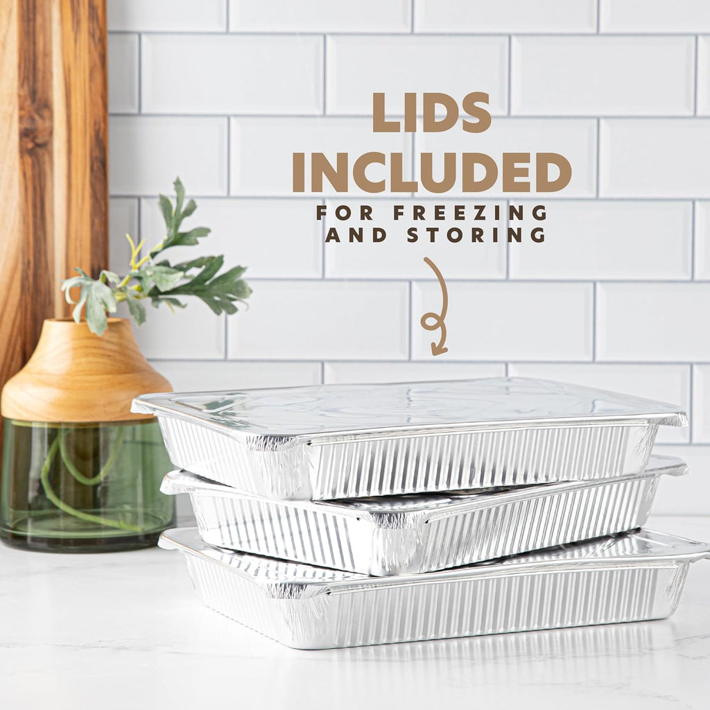 PlasticPro 12.5'' x 9'' Heavy-Duty Aluminum Disposable Pans - 10 Pack with Covers for Baking & Cooking