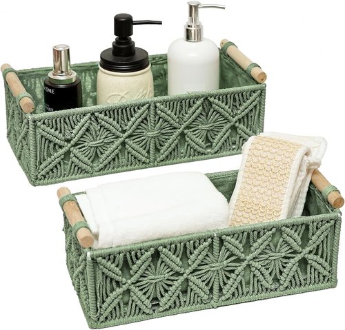 HOSROOME Macrame Boho Decor Baskets - Stylish Woven Organizers for Home & Nursery | Set of 2, Green