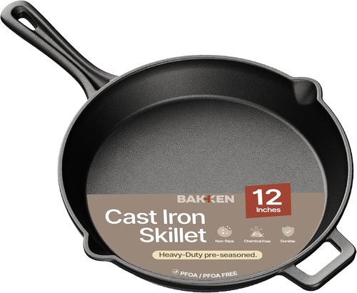 Bakken 12" Cast Iron Skillet - Pre-Seasoned Frying Pan with Even Heat Retention | Versatile for Stove, Oven & Grill