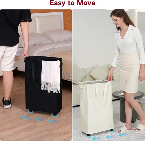 Efluky Slim Laundry Hamper - Rolling Laundry Basket with Wheels | 60L Capacity in Beige for Bedroom & Dorm