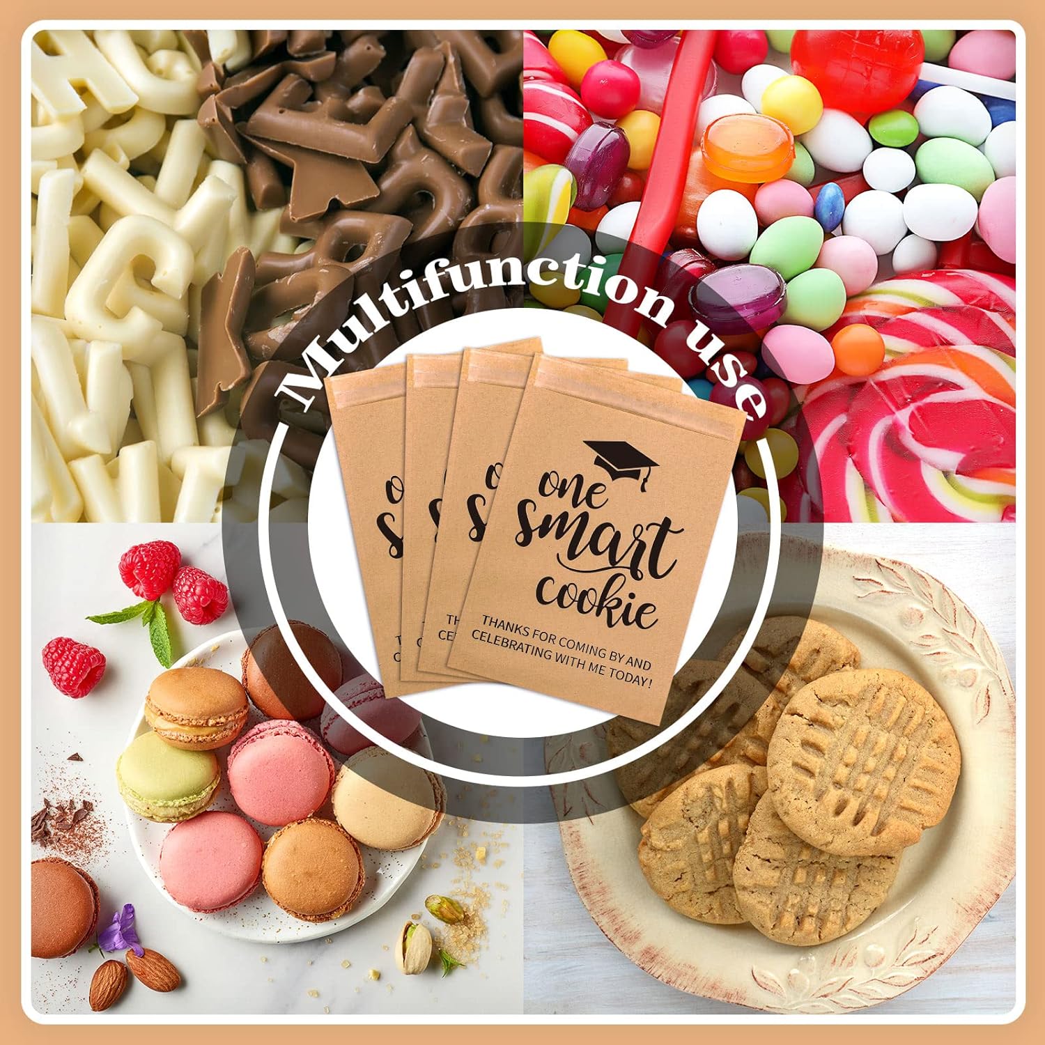 Whaline Graduation Candy Gift Bags - 100 Pack Self-Adhesive Kraft Paper Treat Bags for 2026 Party