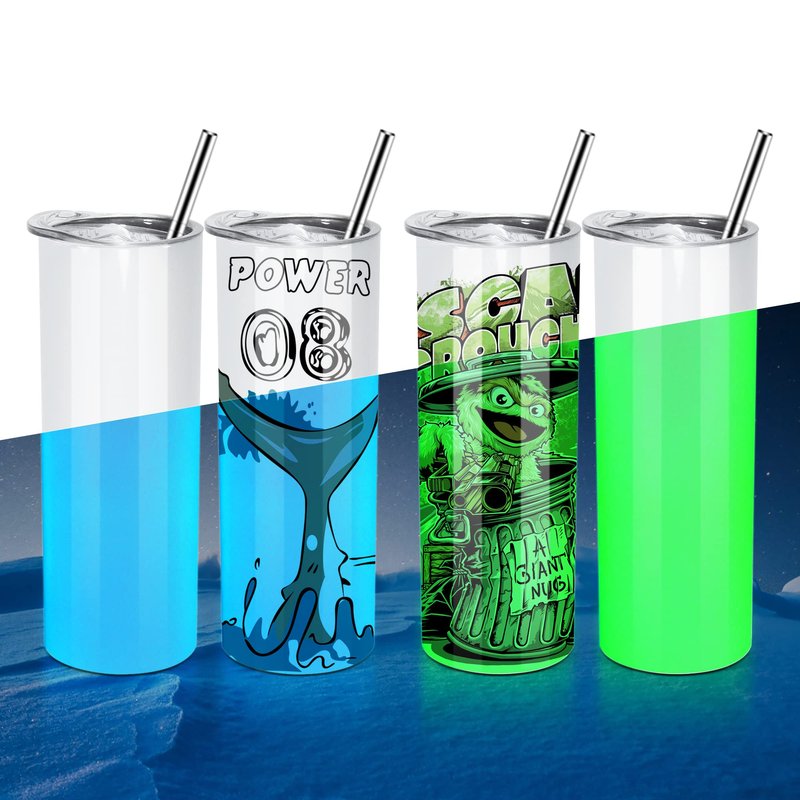 AGH 8 Pack Sublimation Tumblers Glow in the Dark,20 oz Double Wall Vacuum Insulated Luminous Skinny Tumbler with Straw and Lid for Cold and Hot Drinks,White to Blue and White to Green