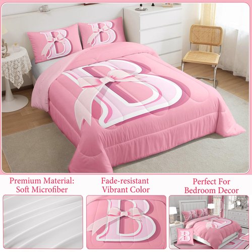 jejeloiu Pink Bow Bedding Set, Gifts for Women Teen Girl,Full Size, Decor Monogrammed Bedding Set, Personalized Initial B Ultra Soft Comforter Modern Fashion,Duvet Set Room Decor Quilt Set
