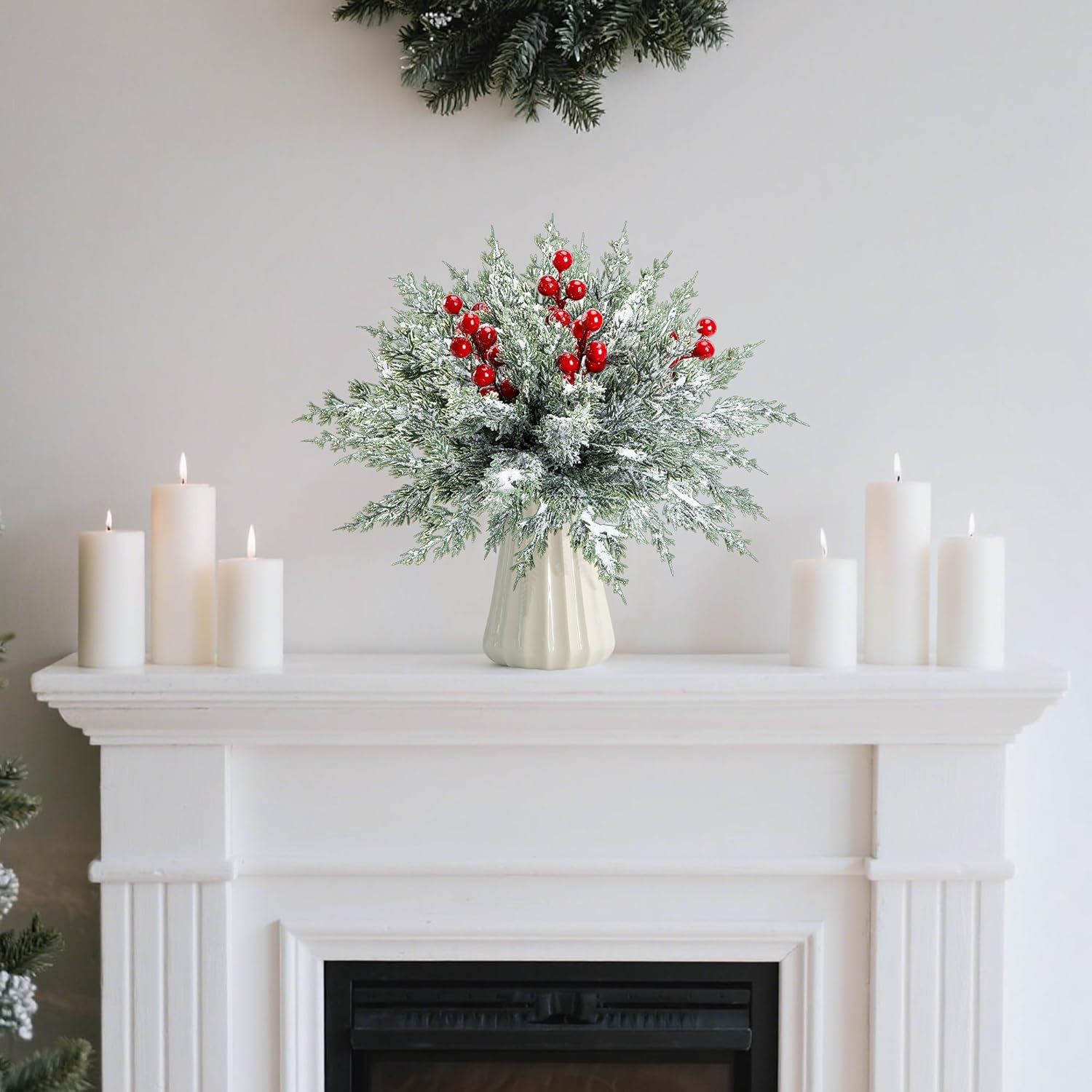 Skiennix 45 Pcs Artificial Christmas Snow Pine Branches - Snowy Faux Greenery with Red Berries for Festive Home Decor