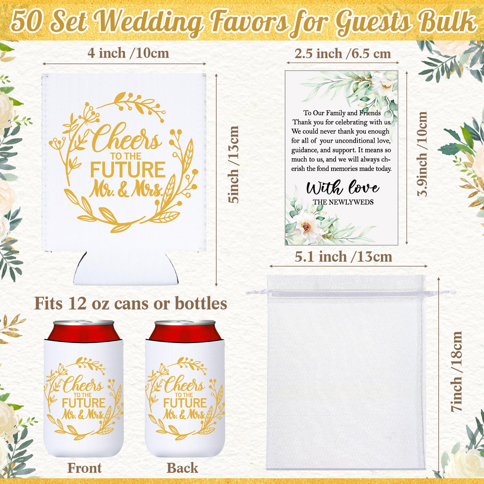 Chuangdi 50 Set Wedding Favors for Guests Bulk Engagement Party Favors Can Cooler Sleeves with Thank You Cards Organza Bags Happily Ever After Rehearsal Dinner Decorations for Wedding(Fresh Style)