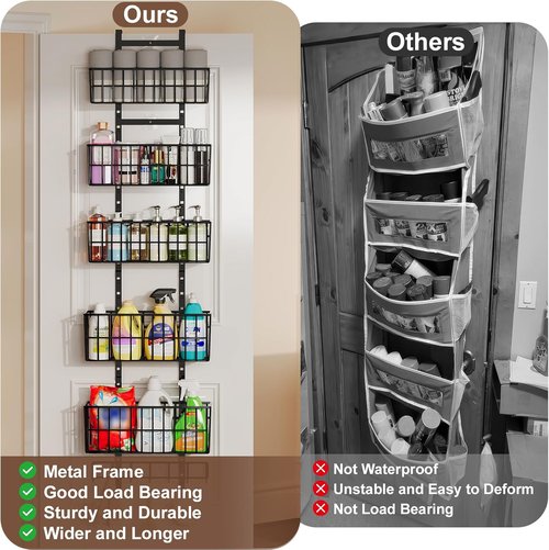Hongtamoya Adjustable Over The Door Organizer - Metal Hanging Shelf with 5 Baskets & 7 Hooks | Black