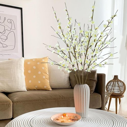 Krissing Cherry Blossom Branches - 39” Tall White Faux Flowers for Home & Wedding Decor