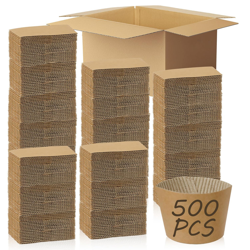 WETPYAKS 500 Pcs Coffee Sleeves, Brown Corrugated Kraft Paper Coffee Cup Sleeves Disposable for 12oz/16oz/20oz/22oz/24oz Hot/Cold Drinks, Recyclable Cup Sleeve for Cafes, Offices & Coffee Shops